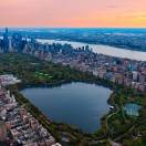 Scenic view of Central Park in the cityscape of New York, the USA. Aerial perspective. Enormous city panorama at sunset.