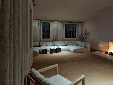 Un rendering della living room del Forestis Villa