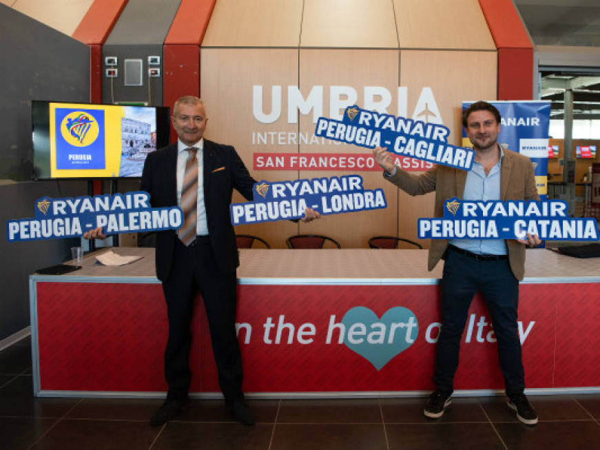 Ryanair rafforza l'impegno su Perugia: nell'inverno nuova rotta per Cagliari